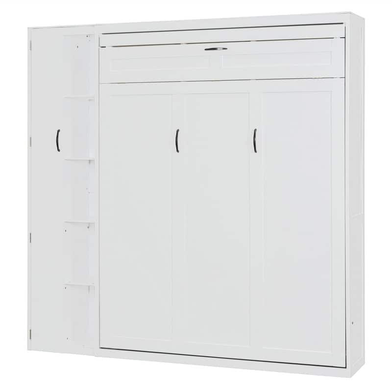 Full/Queen Size Murphy Bed Wall Bed with LED Lights and Storage Cabinet, Foldable Murphy Cabinet Bed with Open Storage Shelves
