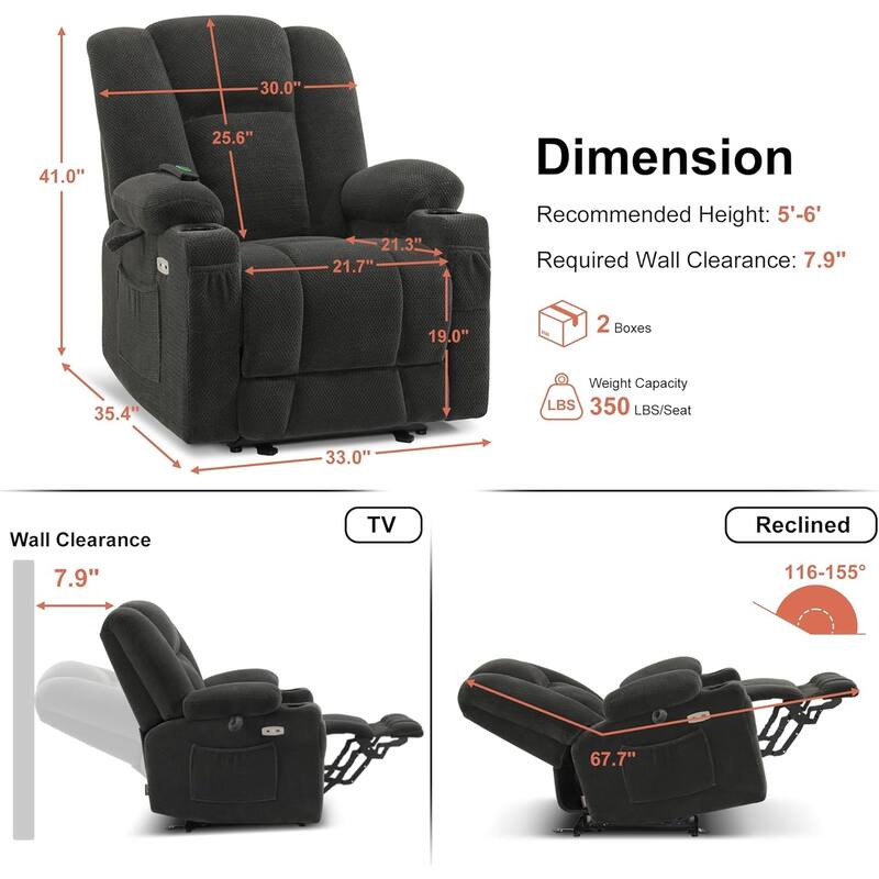 MCombo Electric Power Recliner Chair with Massage & Heat, Plush Fabric 8015