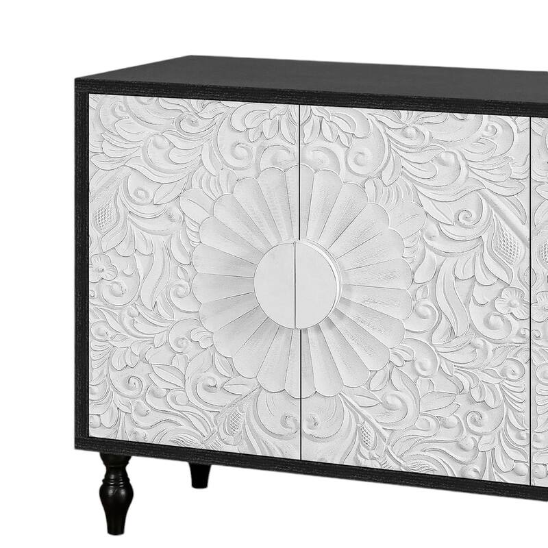 HomeRoots 68" Black and White Distressed Carved Floral Sideboard with Four Doors - 68.11' X '32' X '15.75