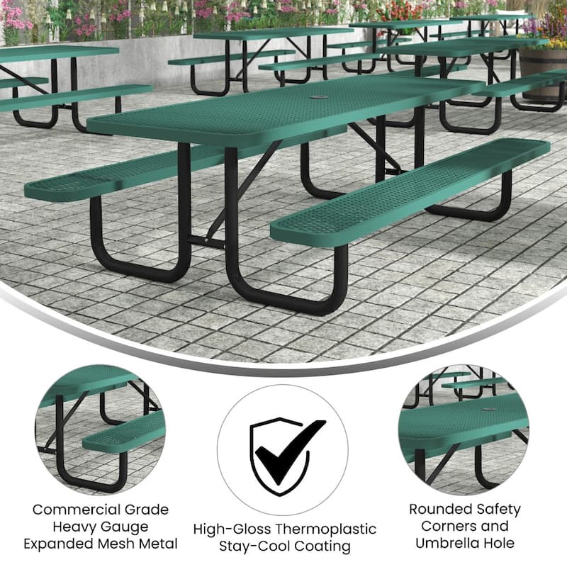 Commercial Grade Expanded Mesh Metal Outdoor Picnic Table - 95.75"D x 57.5"W x 30"H