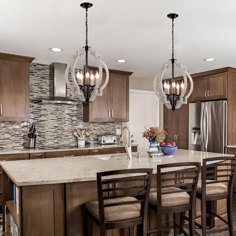 5-Light Wood Farmhouse Chandelier, Off White Distressed Vintage Medieval Style