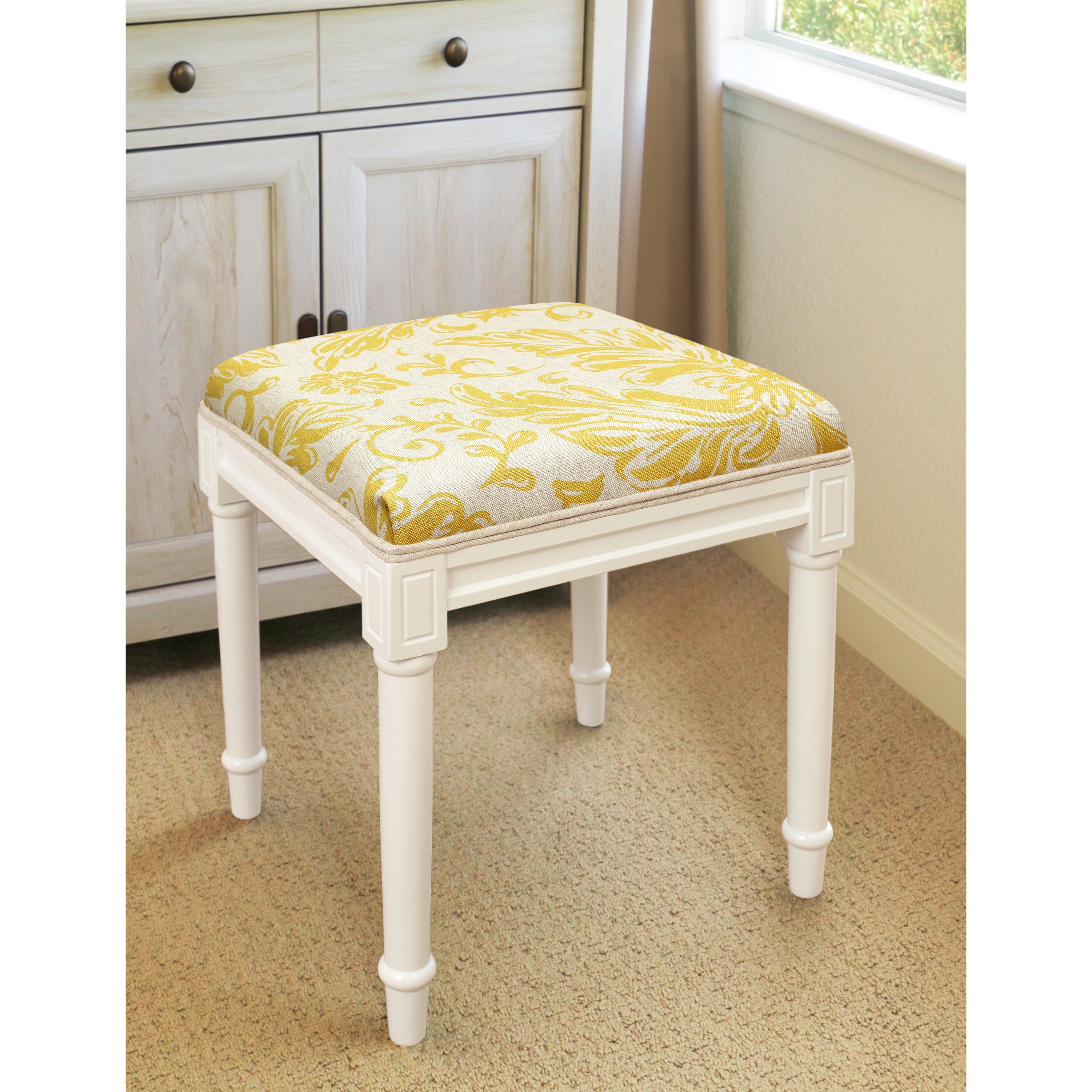 Mustard Tuscan Floral Vanity Stool with White Frame Bed Bath