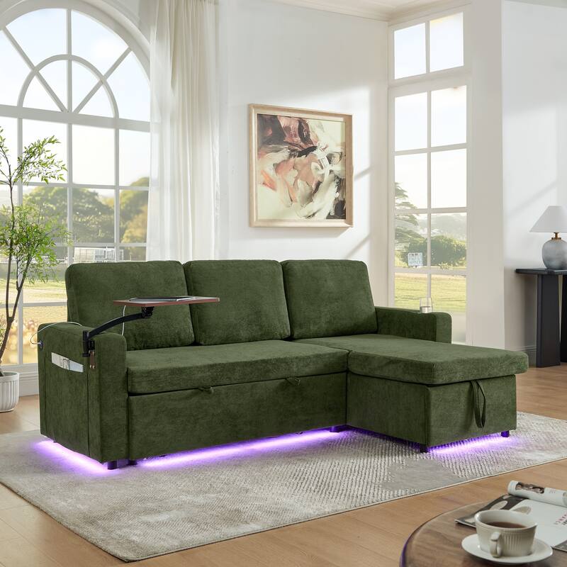 Roomfitters Modern Chenille Pull-Out Bed Sofa with Retractable Table, LED Lighting, USB Ports and Cup Holders