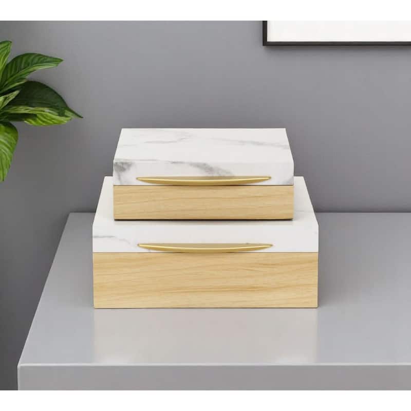 Set Of Two Natural And White Faux Marble And Wood Jewelry Box - White/Natural