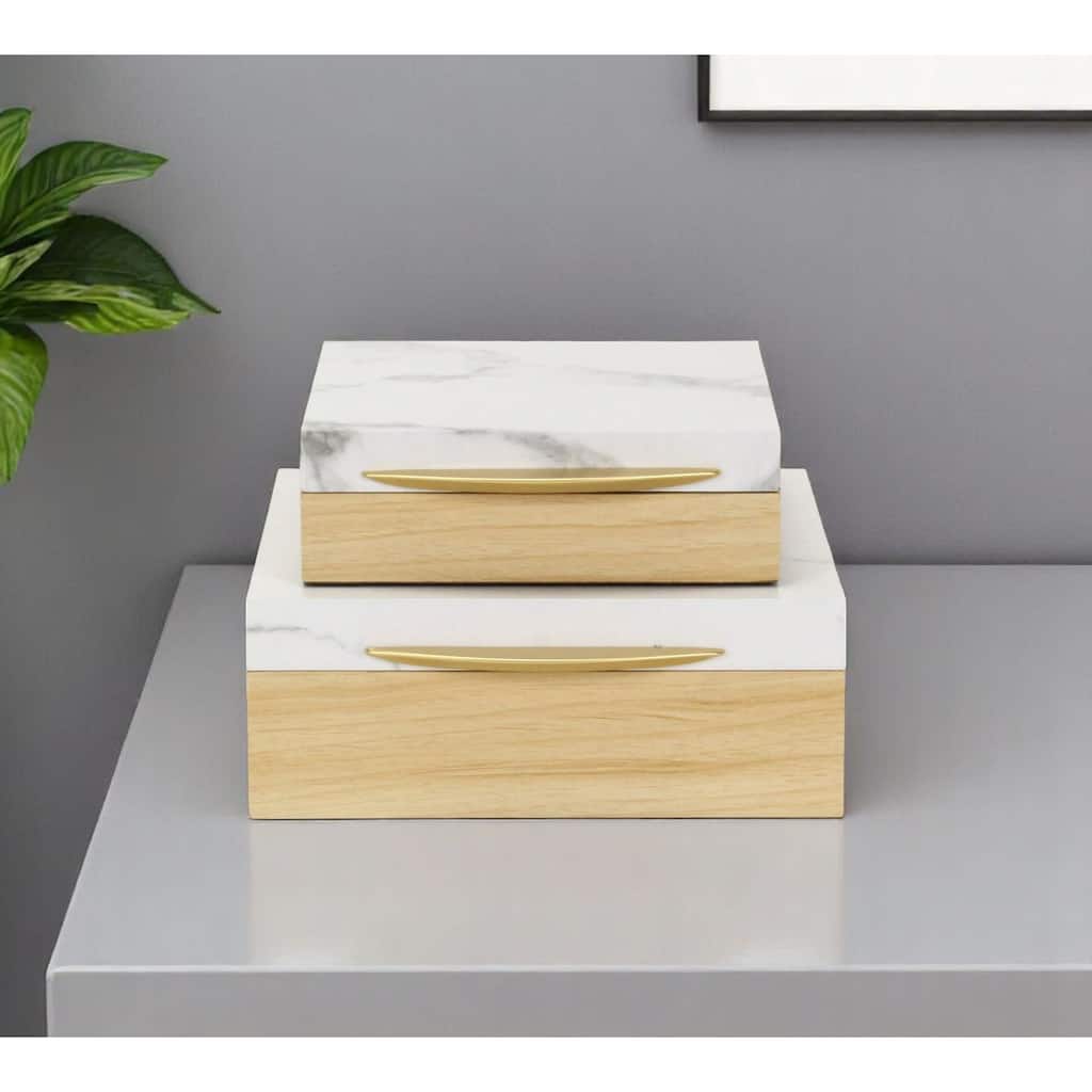 Set Of Two Natural And White Faux Marble And Wood Jewelry Box