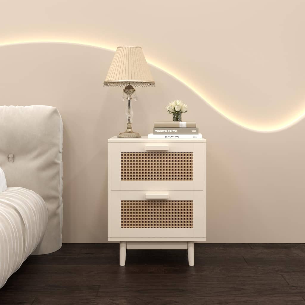 Nightstand End Table with Faux Rattan-Decorated Drawers