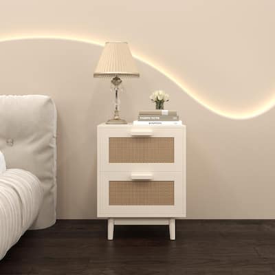 Rattan Nightstand, Wood End Table, Side Table with 2 Faux Rattan-Decorated Drawers for Living Room, Bedroom