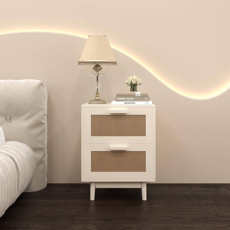 Rattan Nightstand End Table Sofa Side Table with 2 Drawers, Accent Table Bedside Table Storage Cabinet