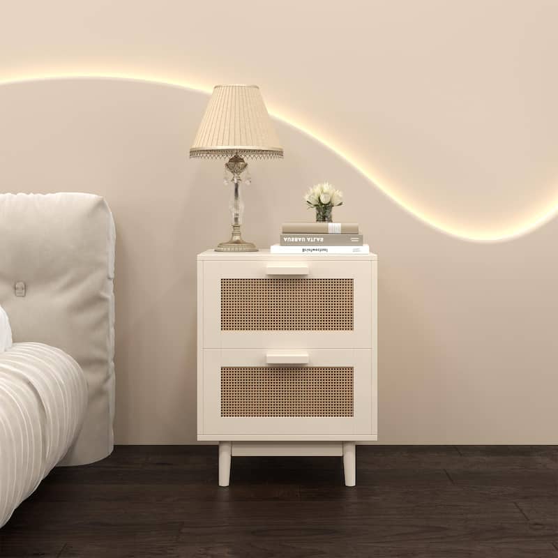 Rattan Nightstand with 2 Drawers, Wood End Table for Bedroom or Living Room, Sturdy and Versatile Storage Solution - Antique Natural,Rattan