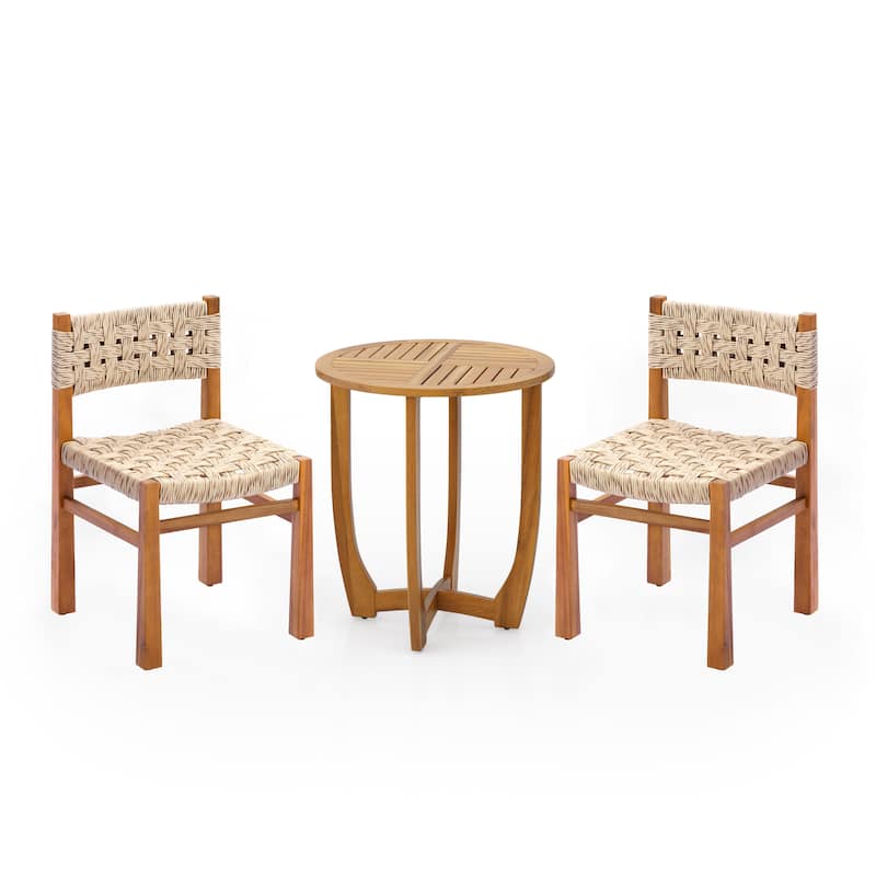Christopher Knight Home - Carys 3-Piece Outdoor Acacia Wood Dining Set with Wicker Woven Back Chairs & 27.5" Round Slat Table