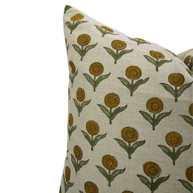 Linen Farmhouse Block print pillow Cover Genda pushp