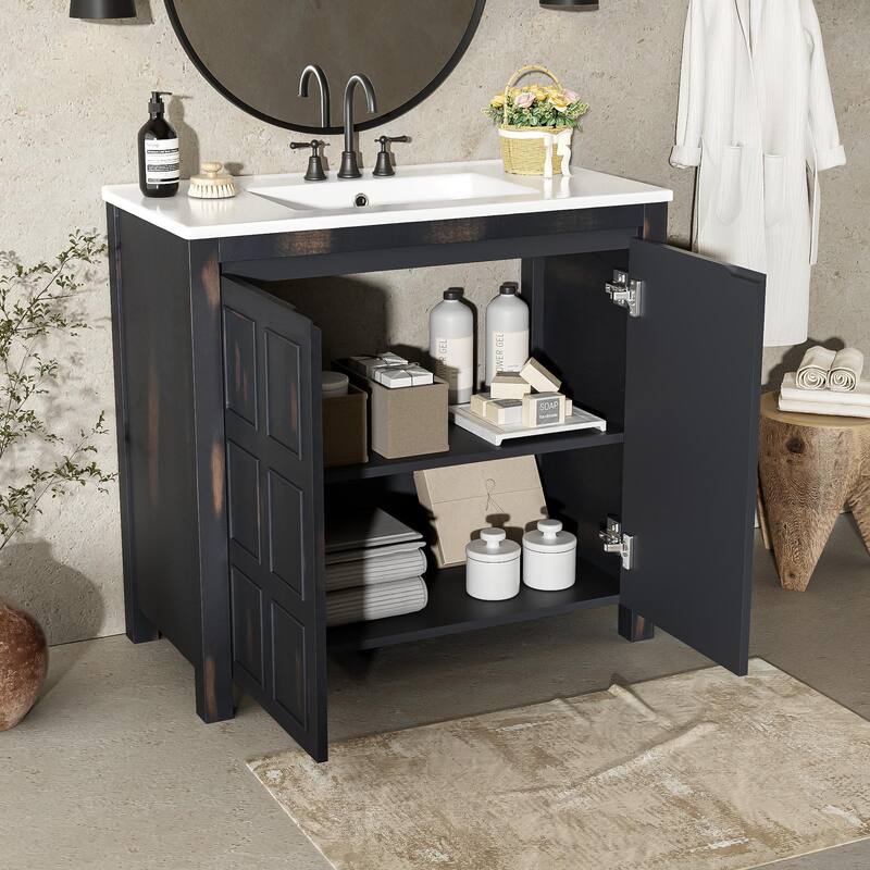 36" Rustic Bathroom Vanity Cabinet with Ceramic Sink -Solid Wood Freestanding Organizer with Soft Close Doors.