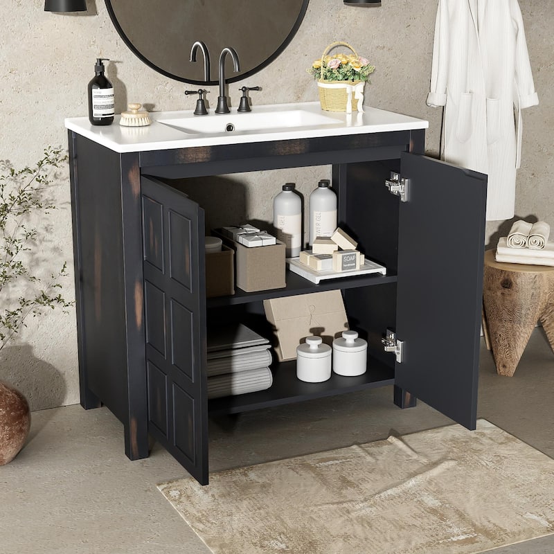 GDFStudio - Elysia Wood Bathroom Vanity with Ceramic Sink & Storage Cabinet Organizer