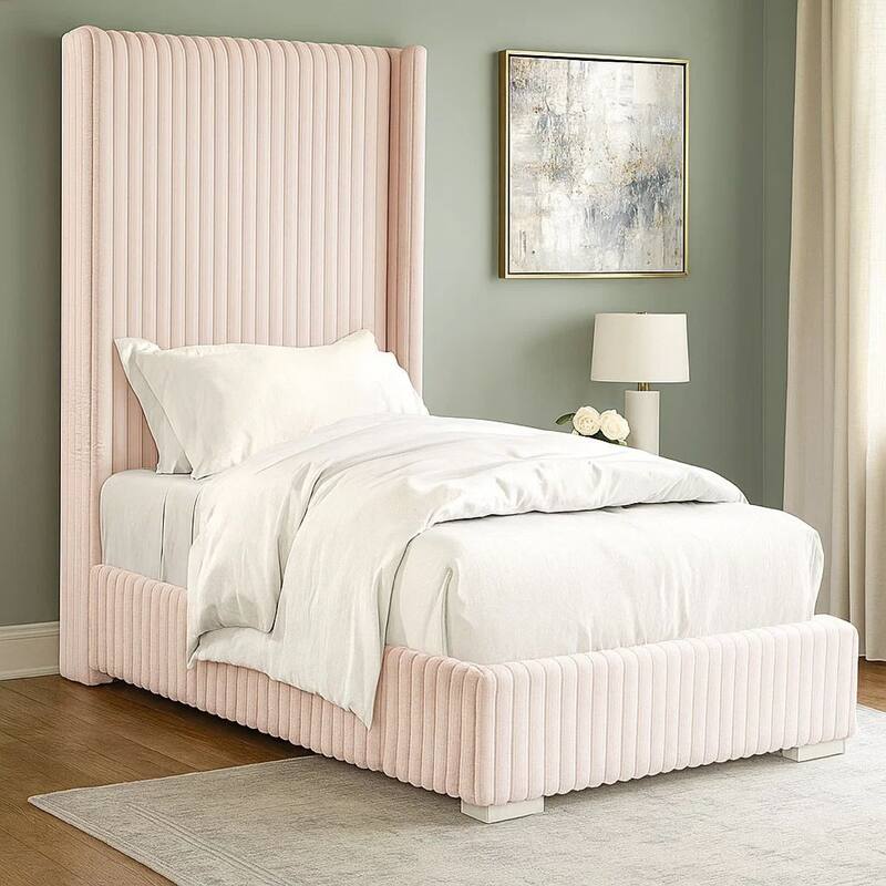 Wolo Twin Size Bed, Pink Channel Tufted Fur Chenille Upholstery