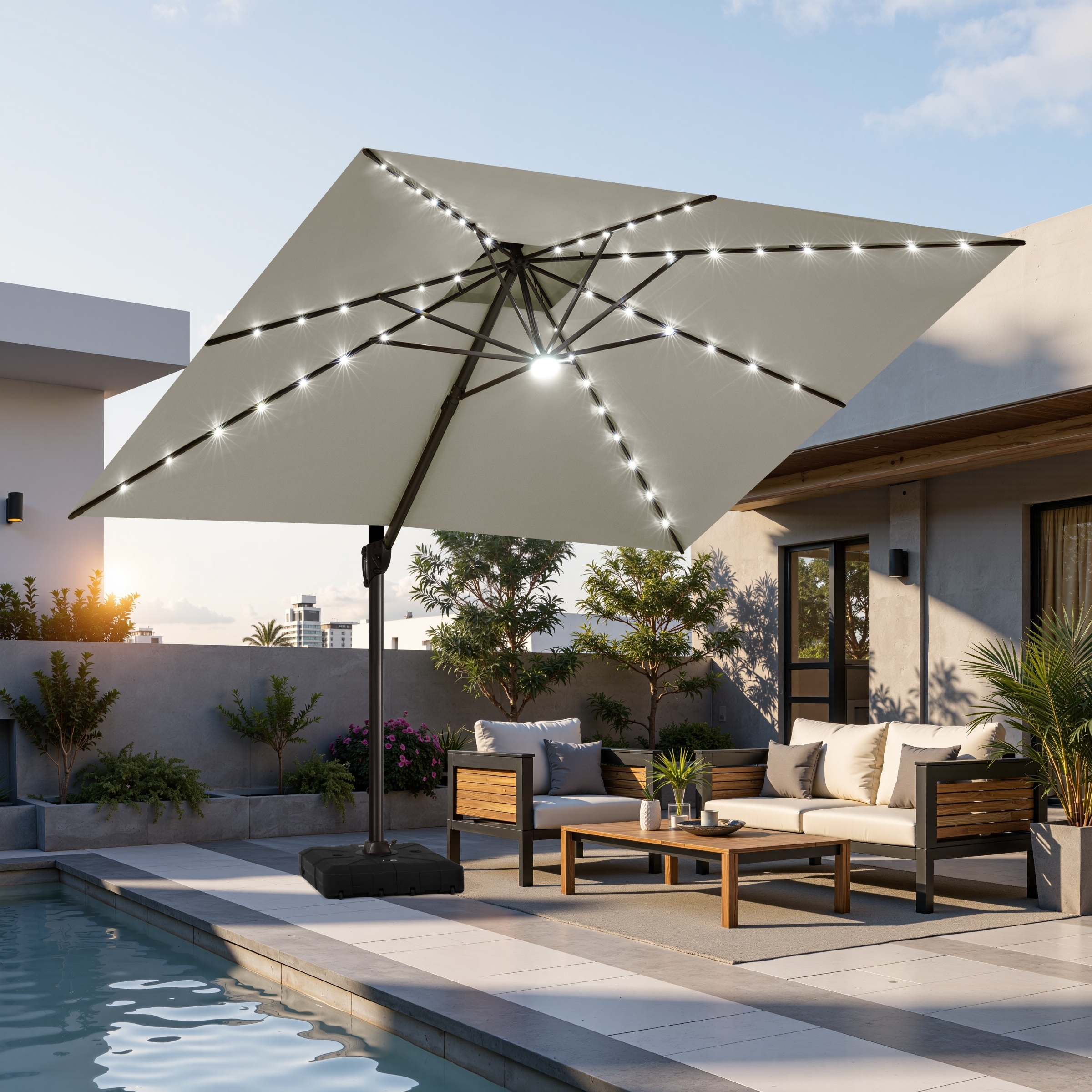 11 FT Outdoor Double Top Solar Powered LED Patio Cantilever Umbrella with Base