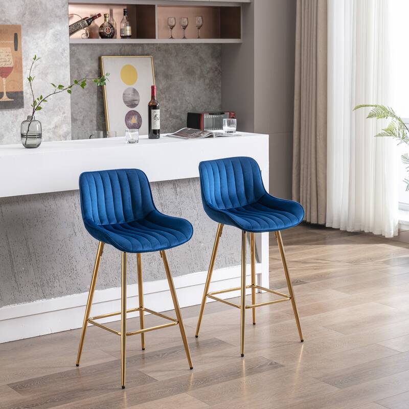 2 Bar Stools with Chrome Footrest Velvet Fabric Counter Stool Golden Leg Simple Bar Stool - N/A