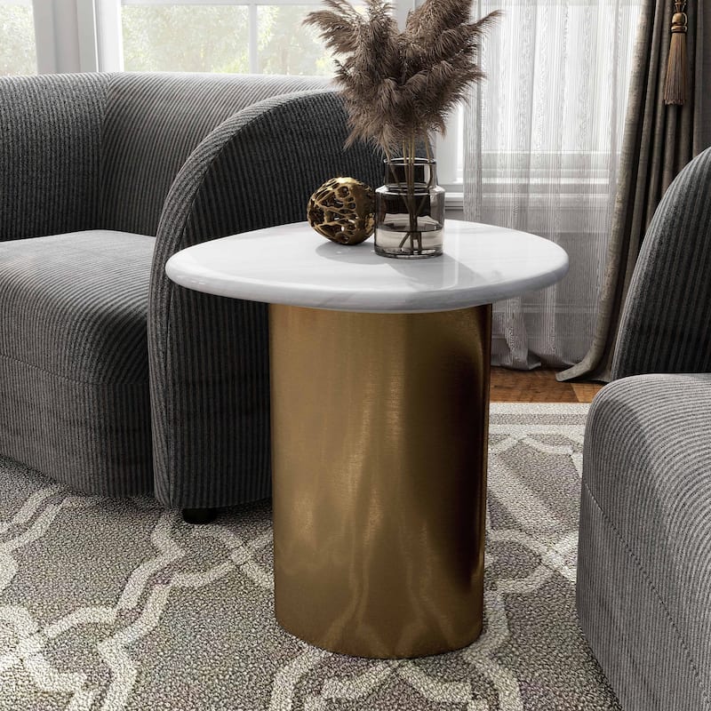 Furniture of America Luvien Modern White Sintered Stone Top End Table with Gold Pedestal Base