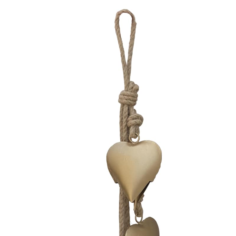 Zema 6 Heart Shape Iron Bells on 35 Inch Jute Hanging Rope, Antique Gold Wall Decor