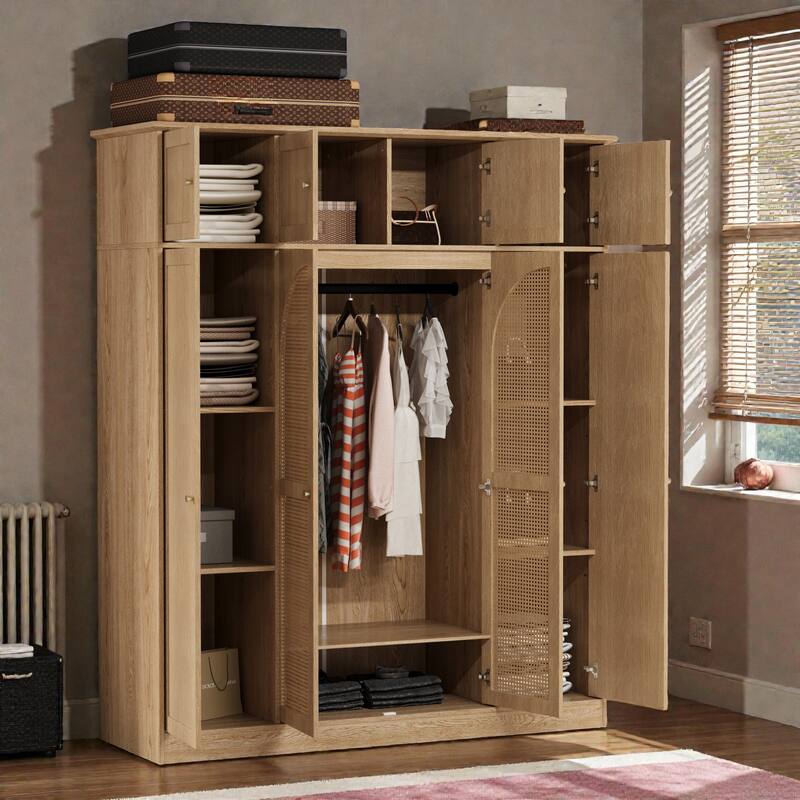 Tall 8 Door Armoire Wardrobe Closet with Hanging Rod and Adjustable Shelves, Rattan Door Storage Cabinet