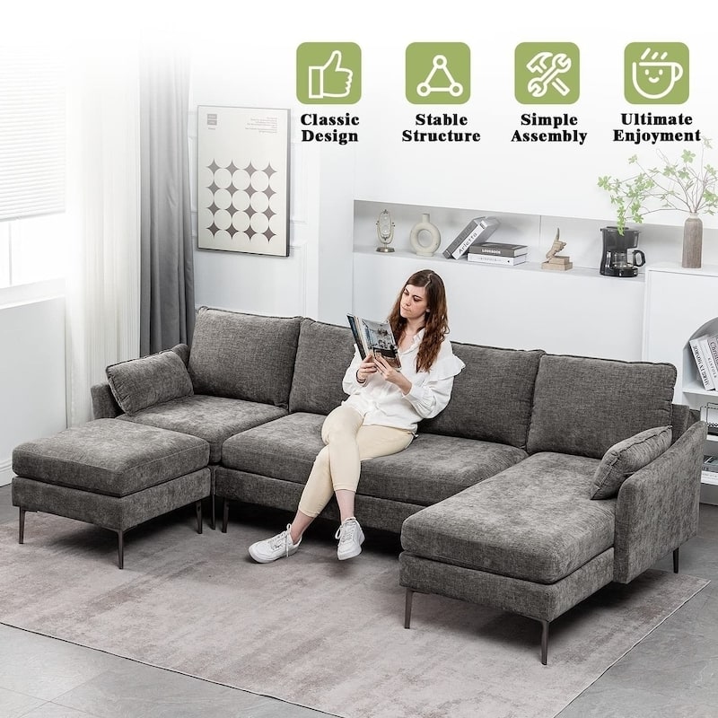 Modern Chenille Sectional Sofa with Reversible Chaise and Ottoman, Perfect for Living Rooms with Sleeper Function