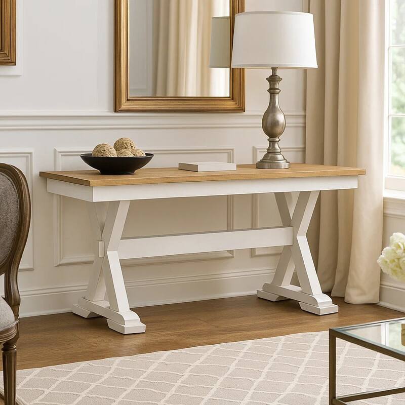 Pury Dining Bench, 48 Inch Light Brown Plank Seat, Antique White Base