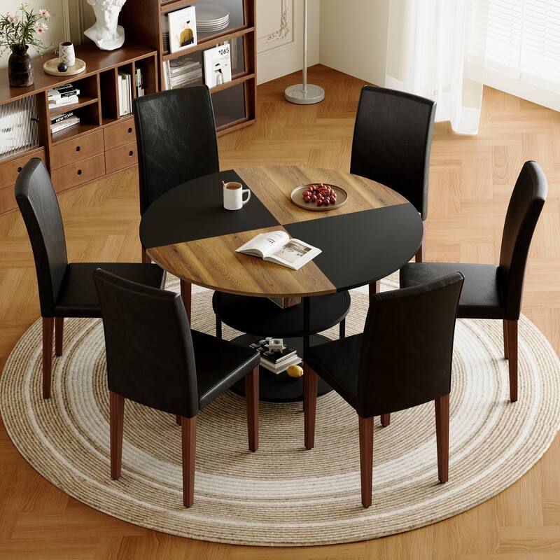 Roomfitters 5/7pcs Round Color Spliced Dining Table Set with Double Storage and PU Dining Chairs, Black+Walnut - Black+Walnut-6 Chairs