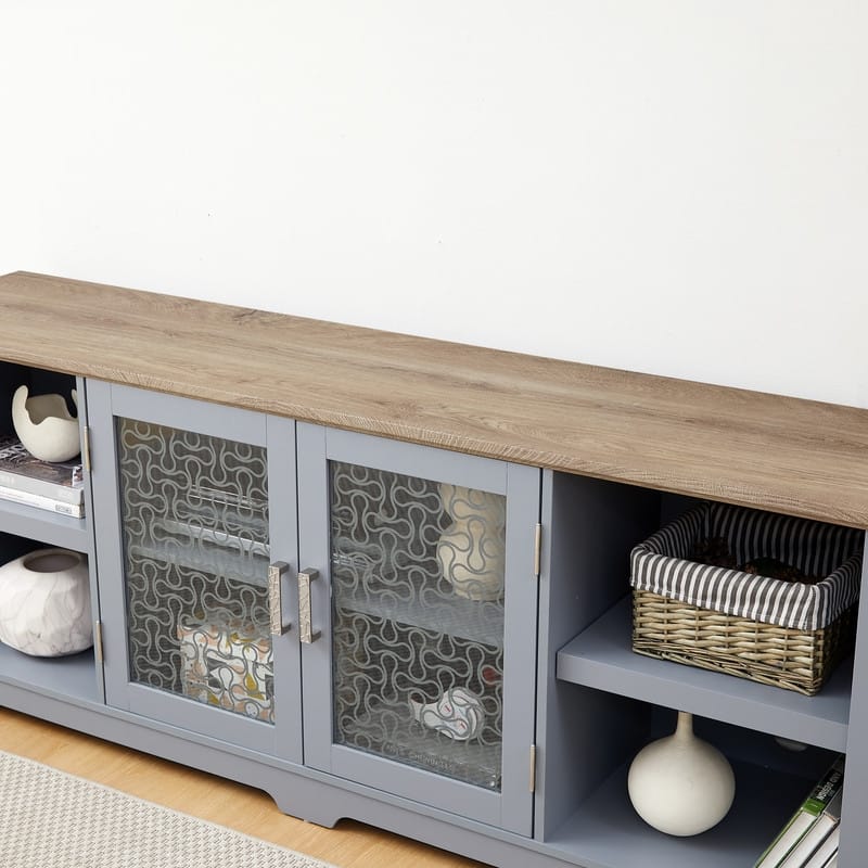 Modern Farmhouse TV Media Stand with Open Shelves and Glass Door Cabinets for TV Up to 80''