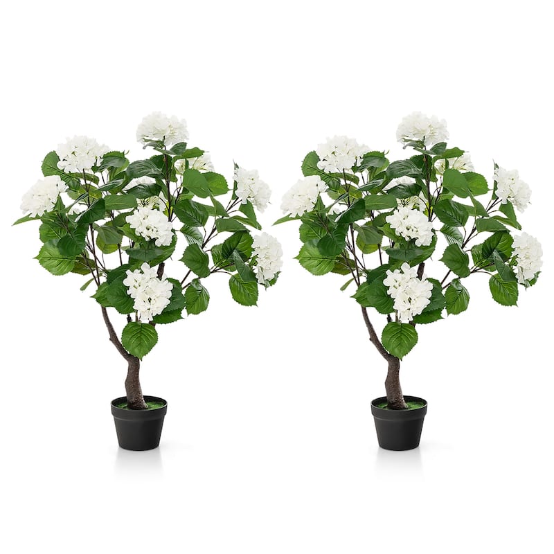 Gymax 2 Pack Artificial Hydrangea Tree Fake Floral Plant w/ 11 White - Green