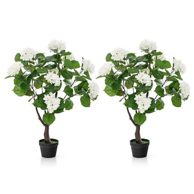 Gymax 2 Pack Artificial Hydrangea Tree Fake Floral Plant w/ 11 White