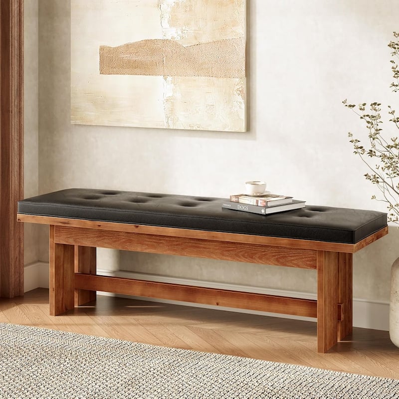 55 Inches Solid Wood Bench with Cushion for Bedroom - Brown & Black