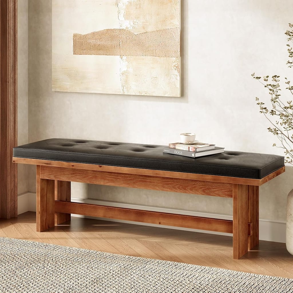 55 Inches Solid Wood Bench with Cushion for Bedroom