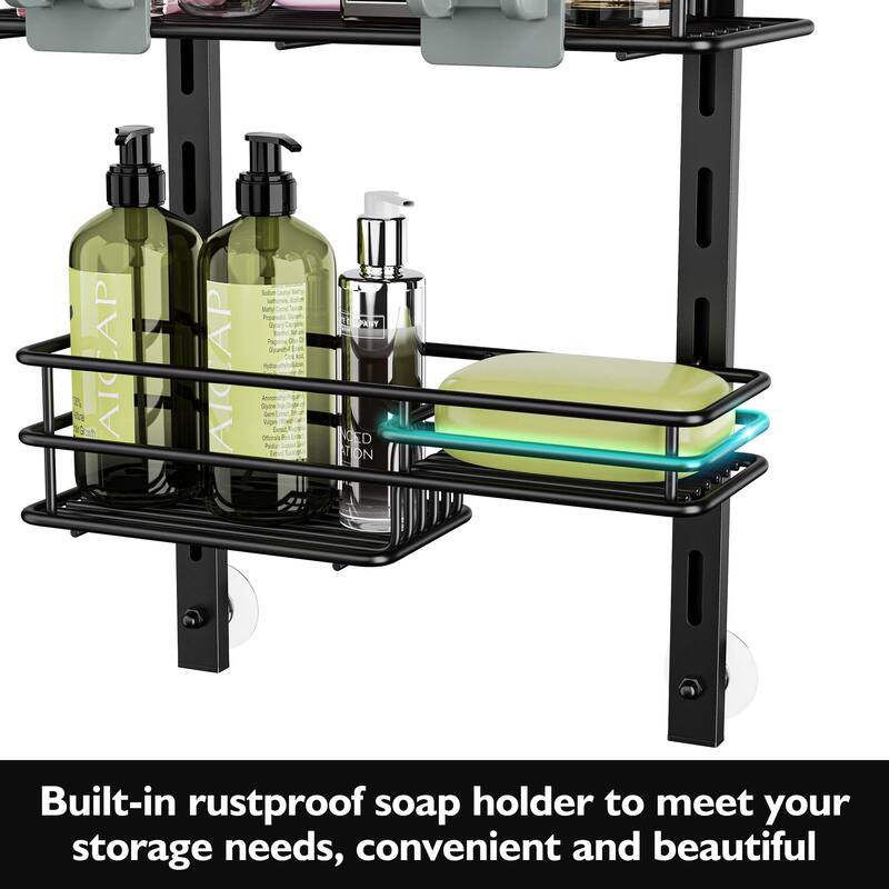 Over the Door Shower Caddy Adjustable 5 Tier Black,Bathroom Hanging Organizer Shelf Rustproof with 4 Hooks - Black