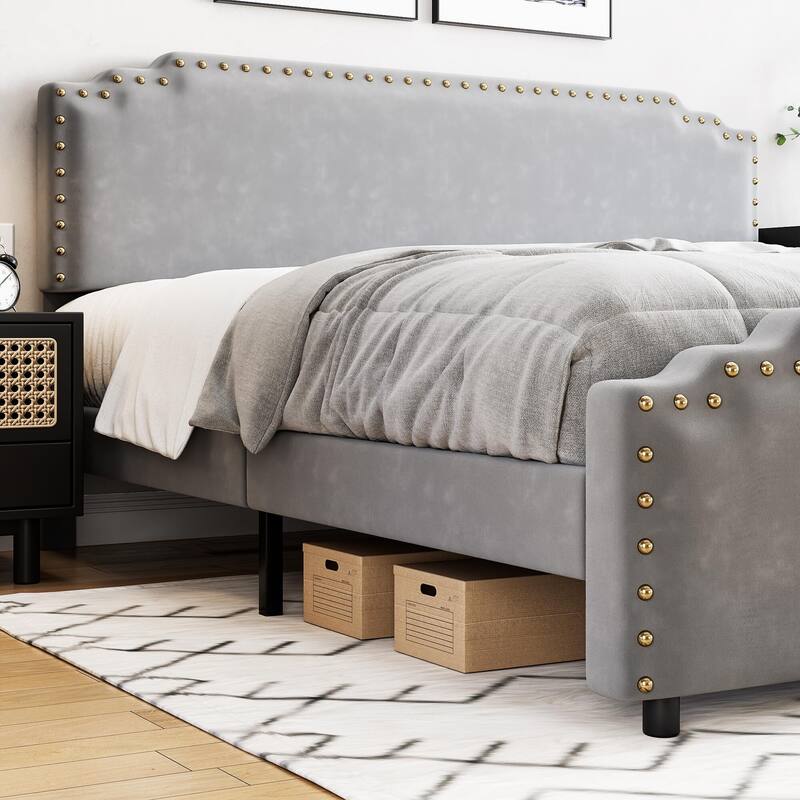 Velvet Upholstered Platform Bed Frame, No Box Spring Needed