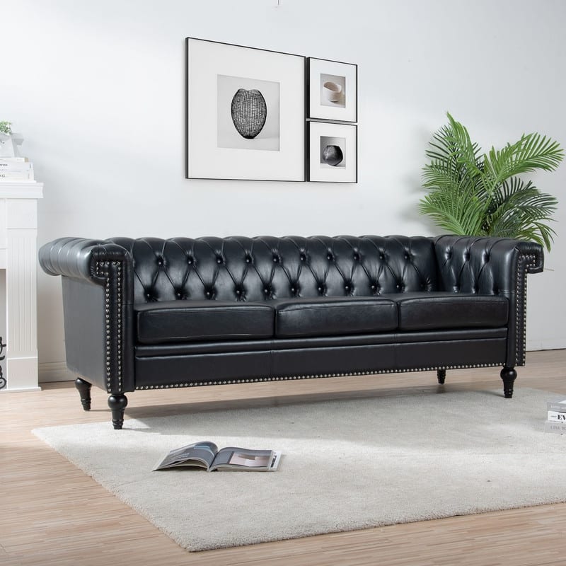 83.66" Traditional Square Arm removable cushion 3 seater Sofa - Black