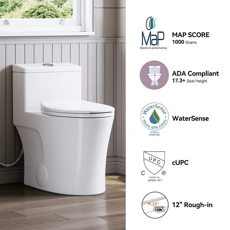 HOROW 1 Piece Dual Flush Elongated Toilet Matte White 0.8 1.28 GPF ADA Height Soft Close Seat - N/A