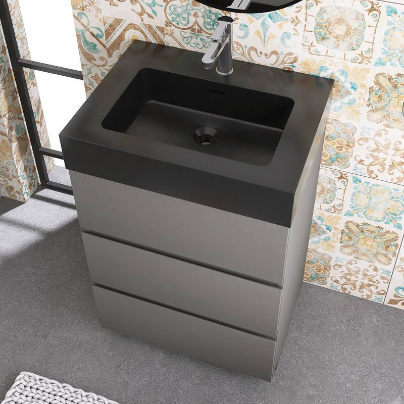Freestanding Bathroom Vanity with Black Solid Surface Top