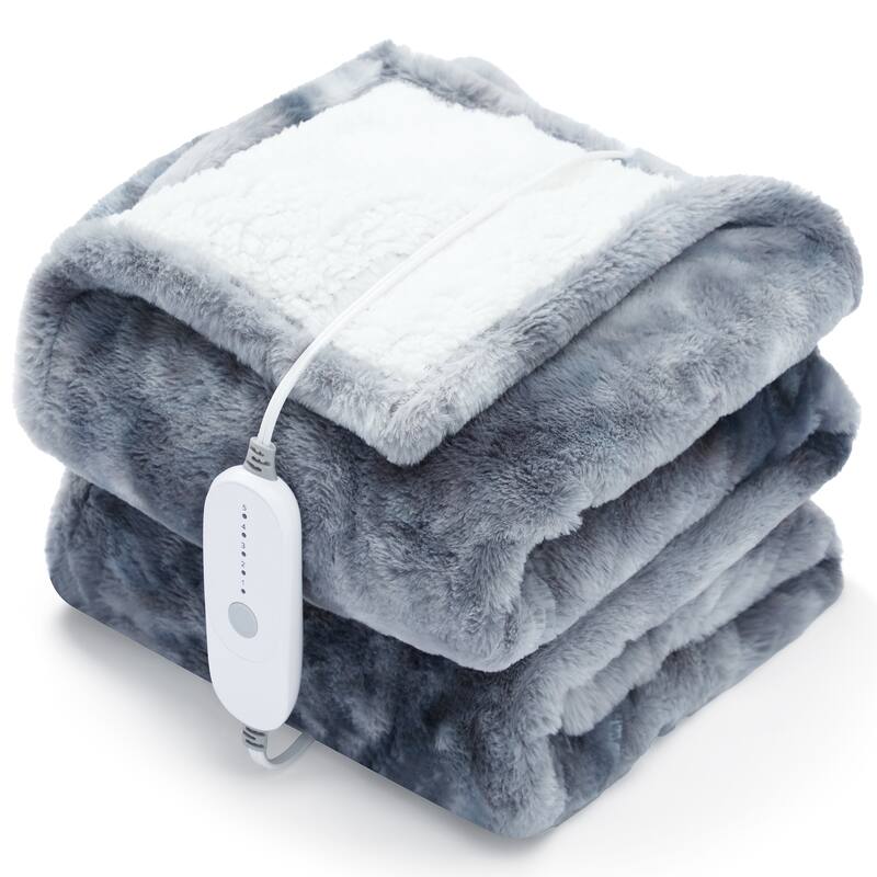 Plush Reversible Flannel and Sherpa Electric Throw Blanket with Safe Auto Shut-Off