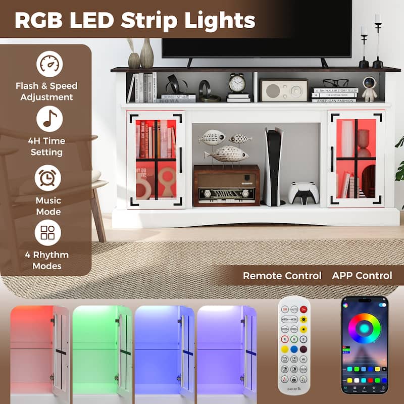 58" White TV Stand with RGB LED Lights Glass Accents Adjustable Storage 50" TV Fits Living Room Decor