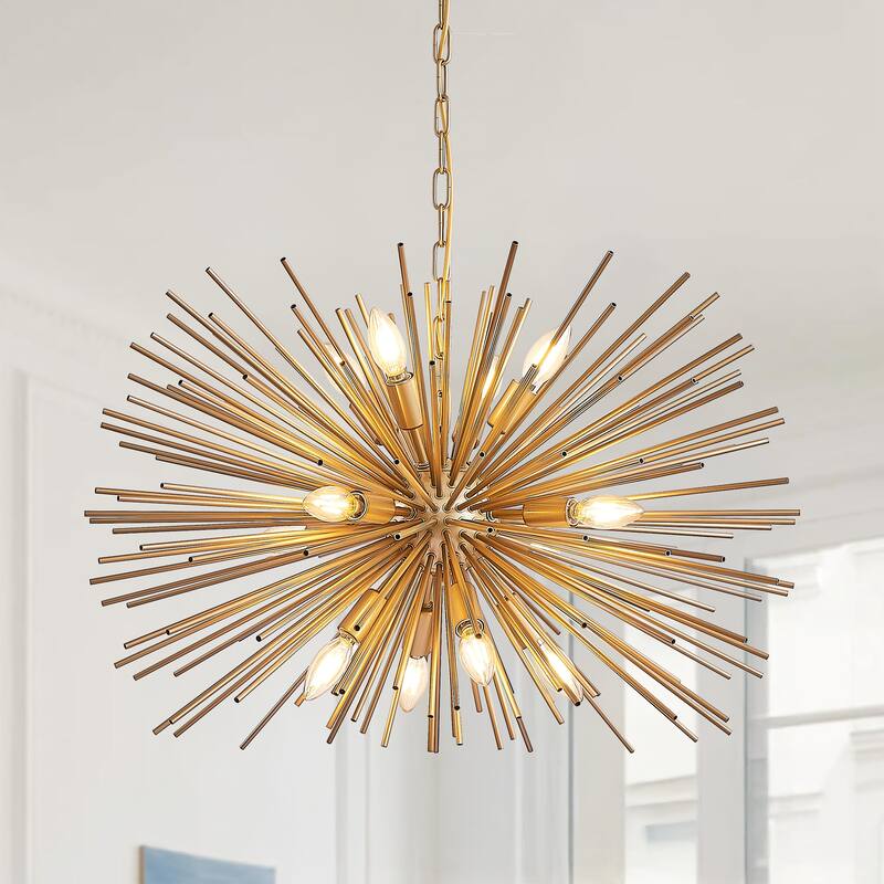 29" Mid-Century Modern 12-Light Starburst Chandelier-Gold Sputnik Pendant Light Fixture