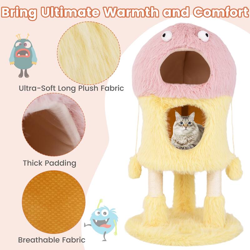 Cute Monster-Themed Cat Tower with 2 Comfortable Cat Condos and 3-Level Activity Center - 19" x 37"