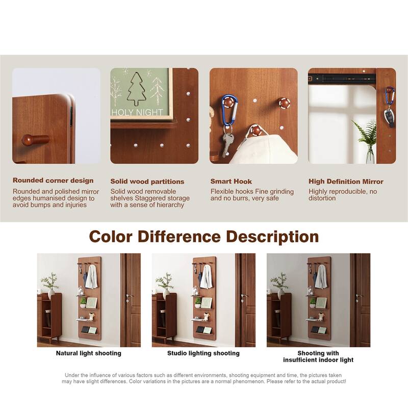 Wall Mounted Full Length Mirror with Shelf and Hook, Multifunctional Panel