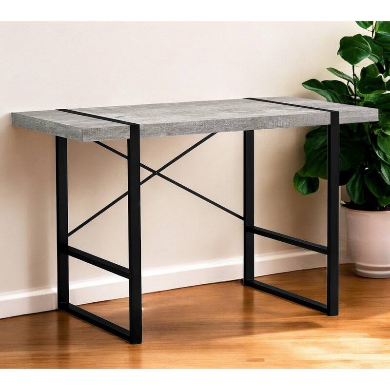 Wood Veneer Computer Desk with Black Metal Base and Rectangular Shape