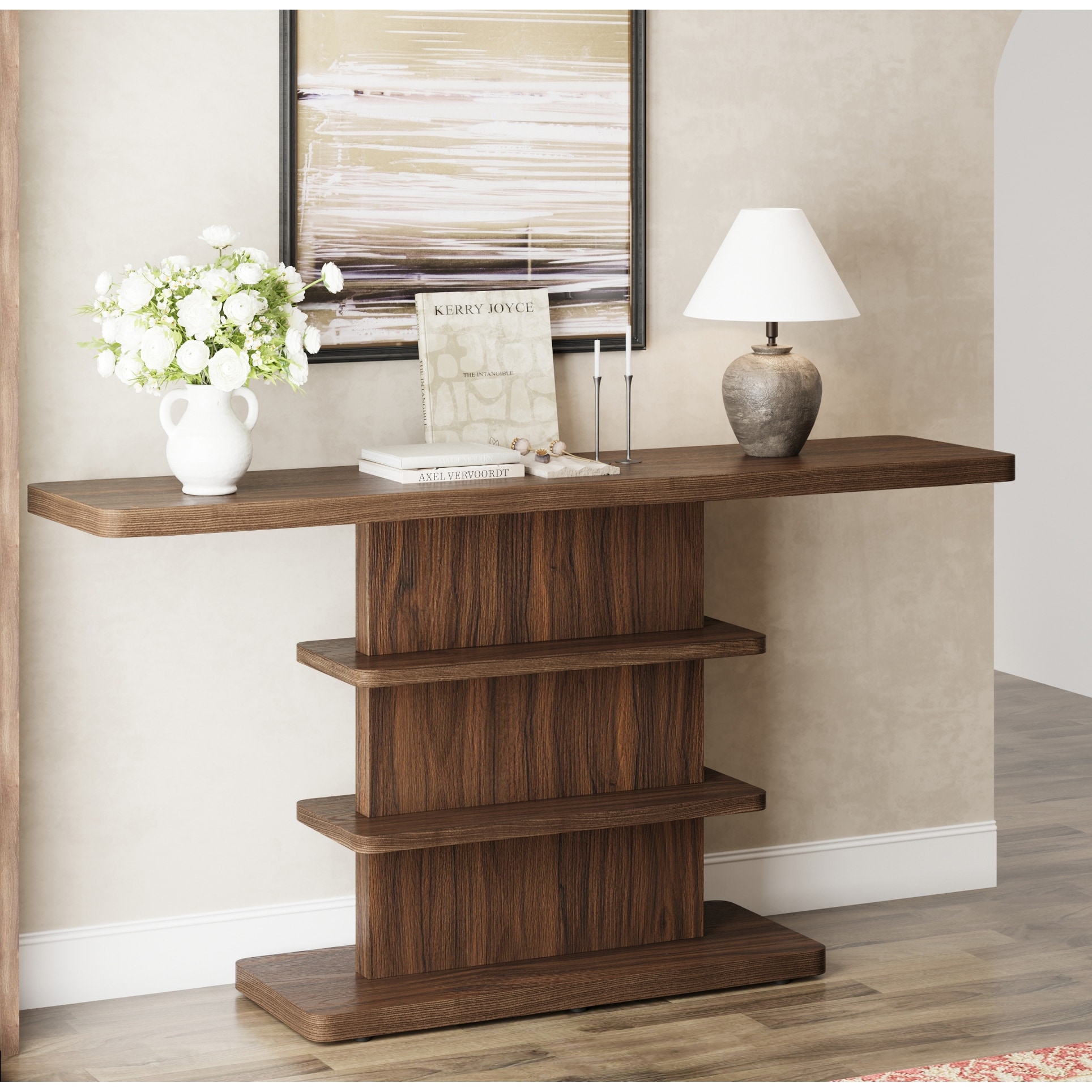 63"Vintage Narrow Console Table with 2 Tier Open Storage Shelves