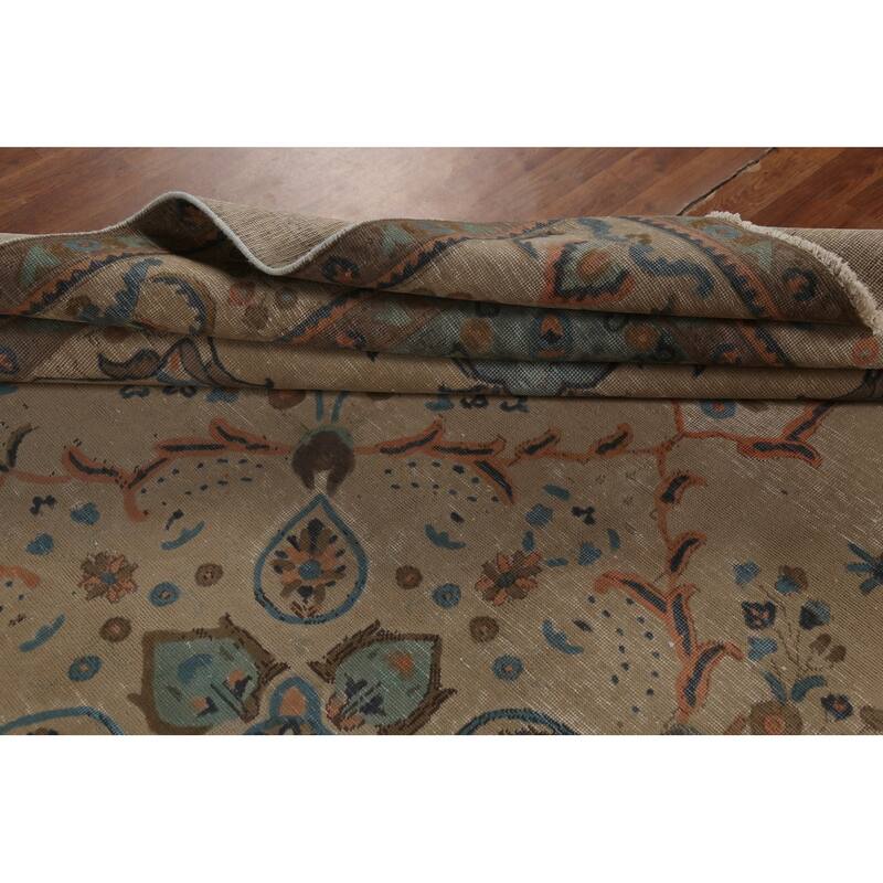 Tabriz Persian Vintage Area Rug Hand-Knotted Beige Wool Carpet - 9'6"x 12'5"