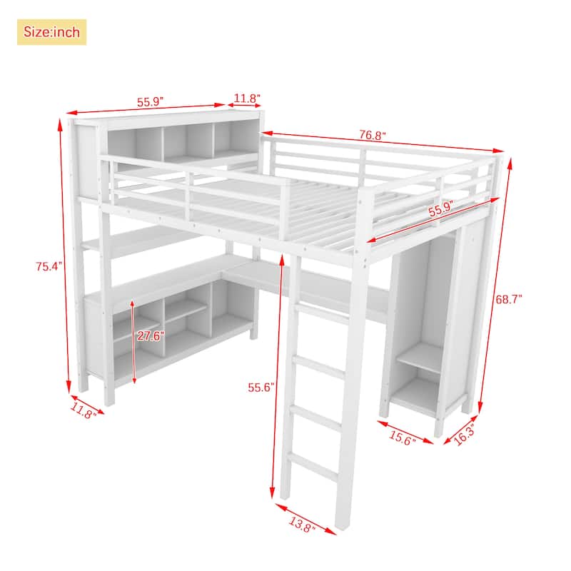 Heavy Duty Metal Loft Bed with Wardrobe and L Shaped Desk, Full/Queen Size High Loftbed Frame with Storage Cubes and Shelves