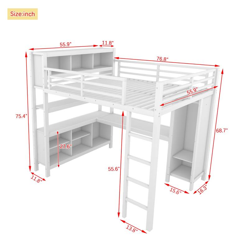 Teen & Adult Metal Loft Bed with L-Shaped Work Desk, Closet & Shelf Storage