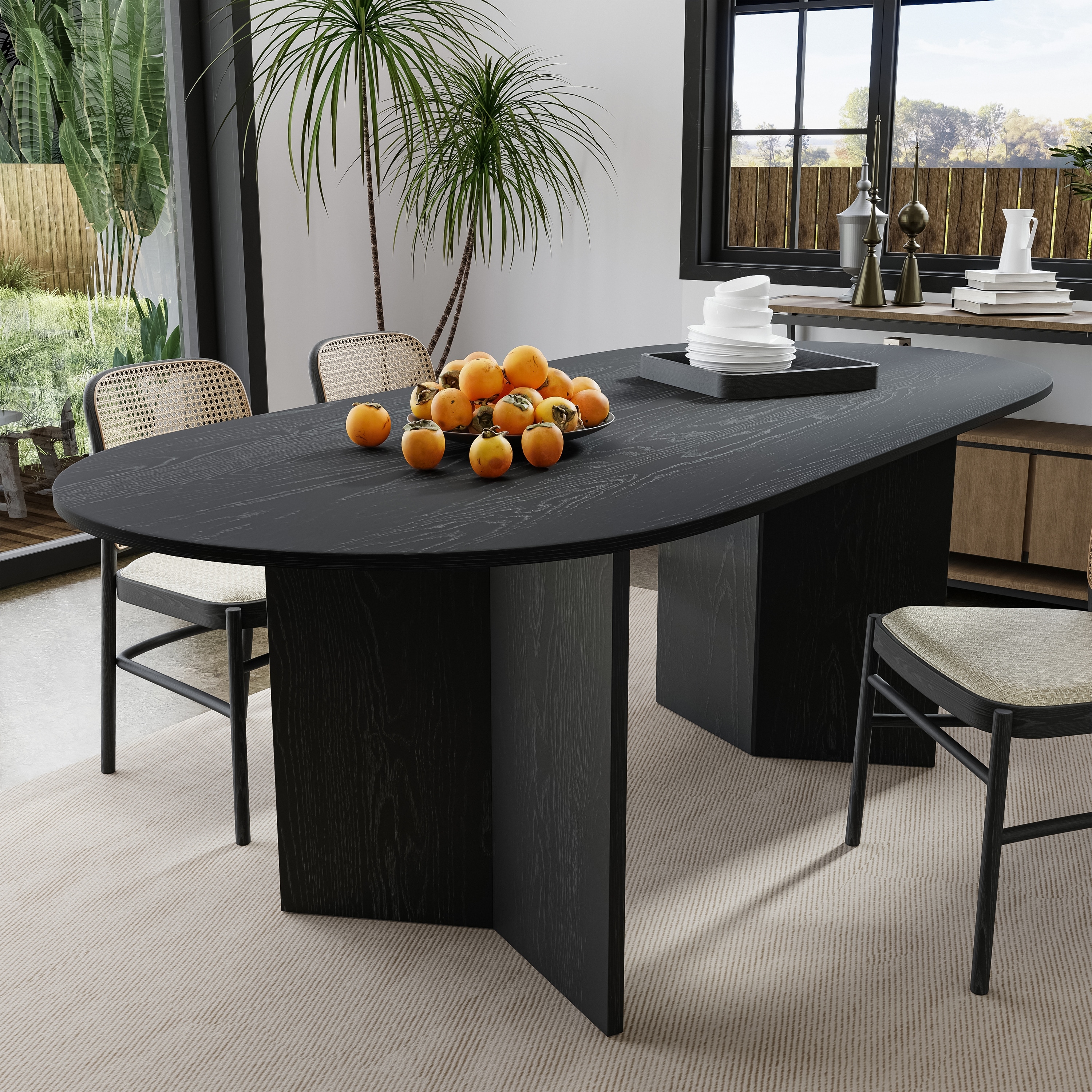 Solid Wood Farmhouse Dining Table with V-Shaped Legs and Oval Wood Top for Modern Dining Rooms & Family Gatherings