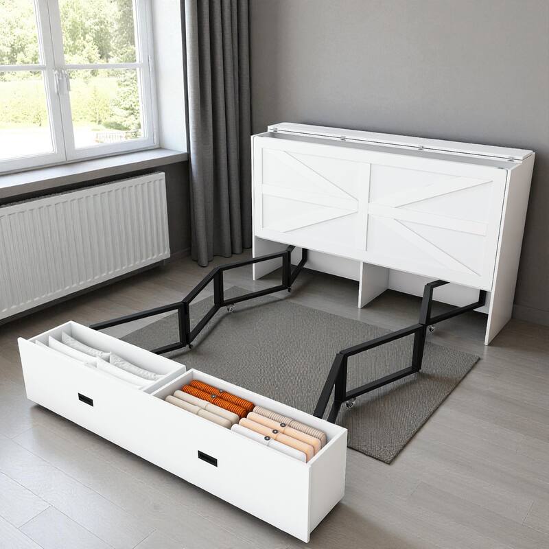 57" Murphy Bed with Storage Drawers, Charging Cabinet, Foldable Panels & Lockable Wheels, Full Size Wall Bed for Guest Room