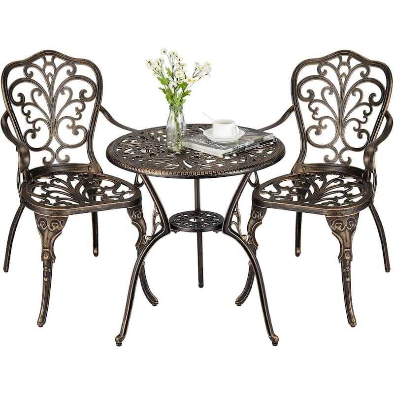 3 Piece Outdoor Bistro Set, Cast Aluminum Patio Table and Chairs Set of 2 with Umbrella Hole - Brown