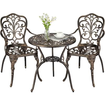 3 Piece Outdoor Bistro Set, Cast Aluminum Patio Table and Chairs Set of 2 with Umbrella Hole